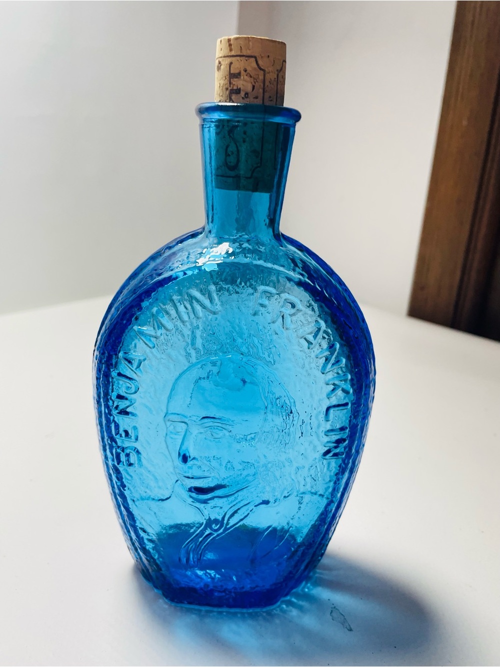 Blue Embossed Decorative Glass Bottle with Cork Stopper Benjamin Franklin